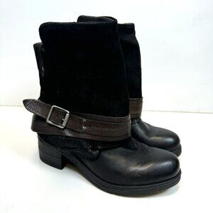 Miz Mooz Ankle Boots Womens Size 36 US 6 Black Leather Harness Buckle Moto